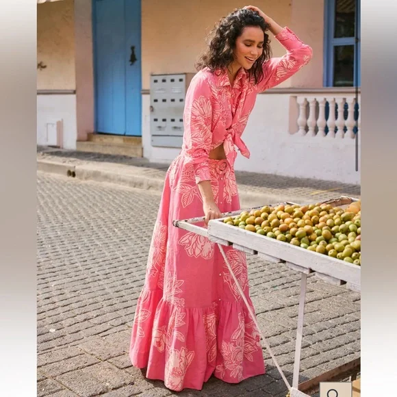 Hemant & Nandita Asha Shirt & Long Skirt Set in Pink Floral SZ XS NWT - Picture 2 of 8